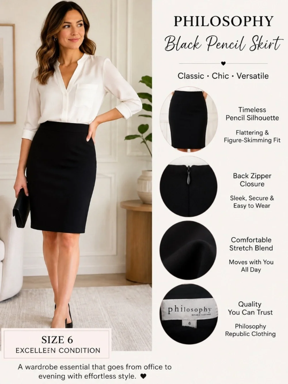 Philosophy Republic Clothing Black Pencil Skirt Size 6 Classic Career Skirt